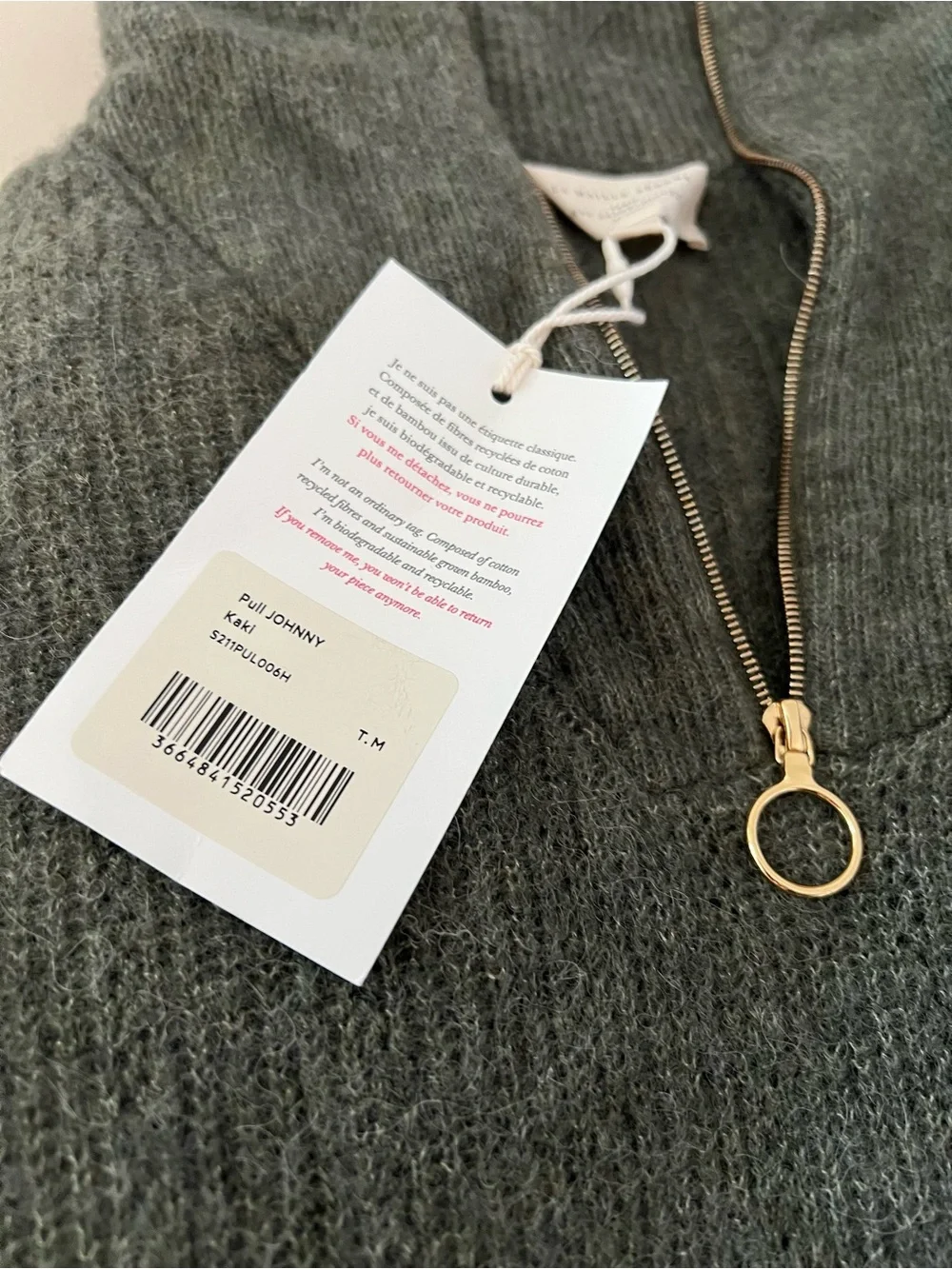 NWT Sezane Pull Johnny Quarterw-Zip Olive Green Women's Sweater M Super Soft - Picture 3 of 4